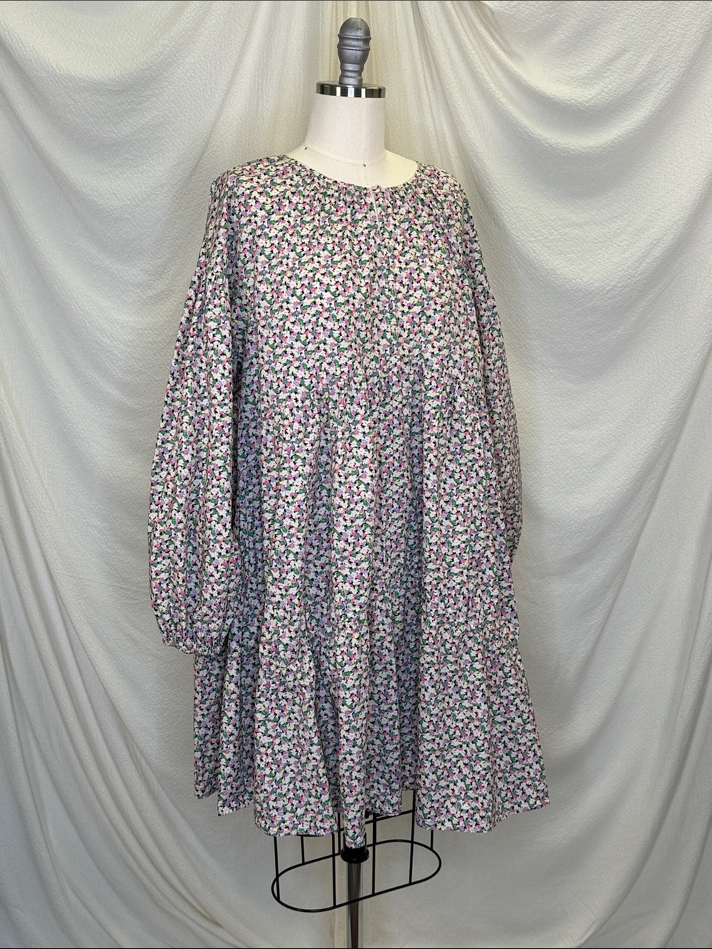 H&M pink, green, purple floral tiered mini dress